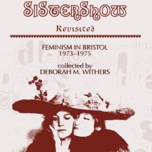 Sistershow Revisited cover, pink background, sepia style image of two women under a giant hat