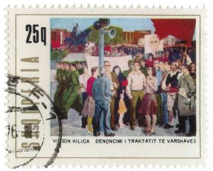 A stamp which includes the statement 'denunciation of the warsaw pact'