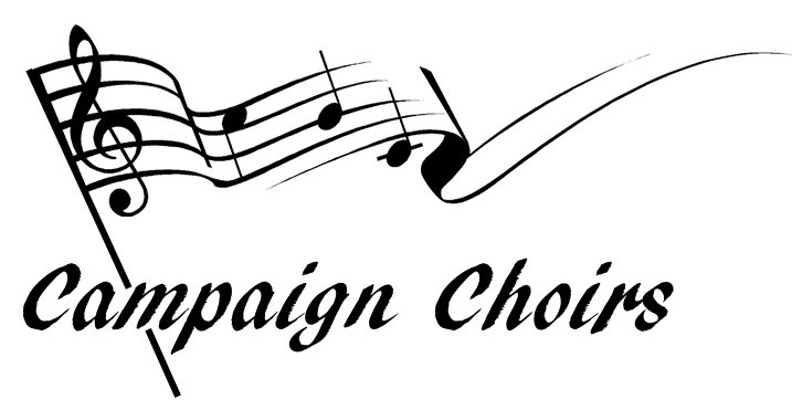 A piece of sheet music styled as a flag with the text Campaign Choirs underneath